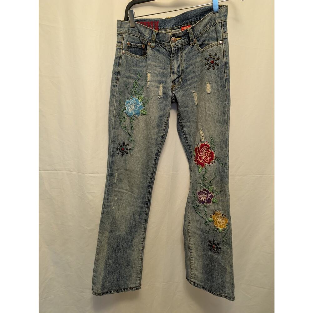 Western Denim Bank Women's Size 27 Embroidered Floral Distressed Bootcut Jeans